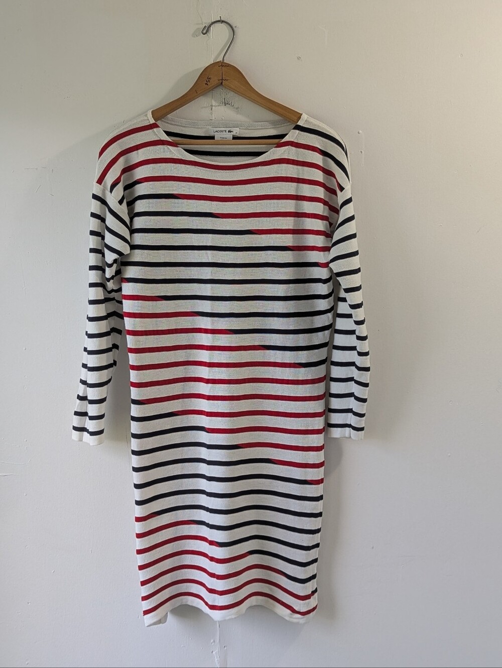Lacoste 100% Cotton Mini Knee Length Dress White Black Red Stripe Size 38